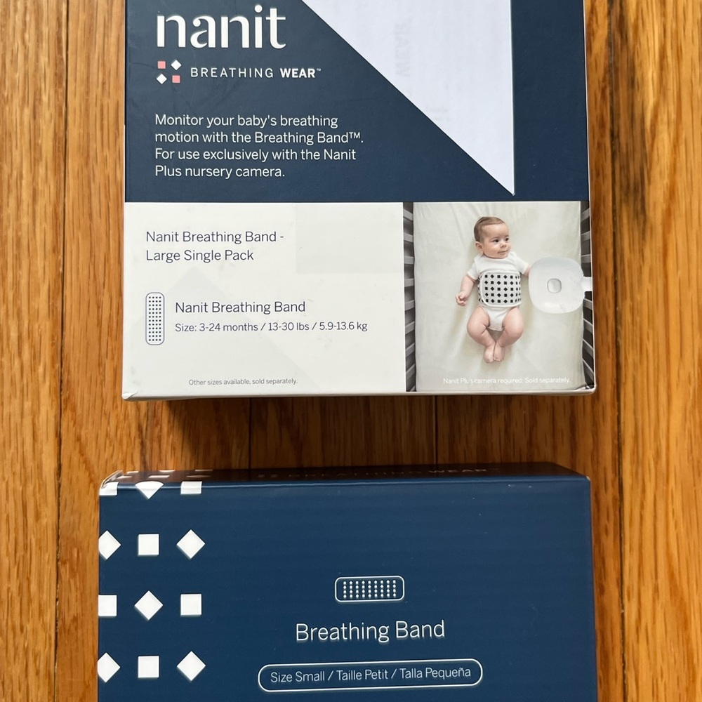 New in box Nanit breathing bands in small (0-3 months) and large (12-24 months)